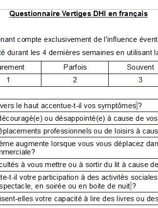Demandez le "Questionnire DHI (dizziness handicap iinventory) en français Demandez le "Questionnire DHI (dizziness handicap iinventory) en français