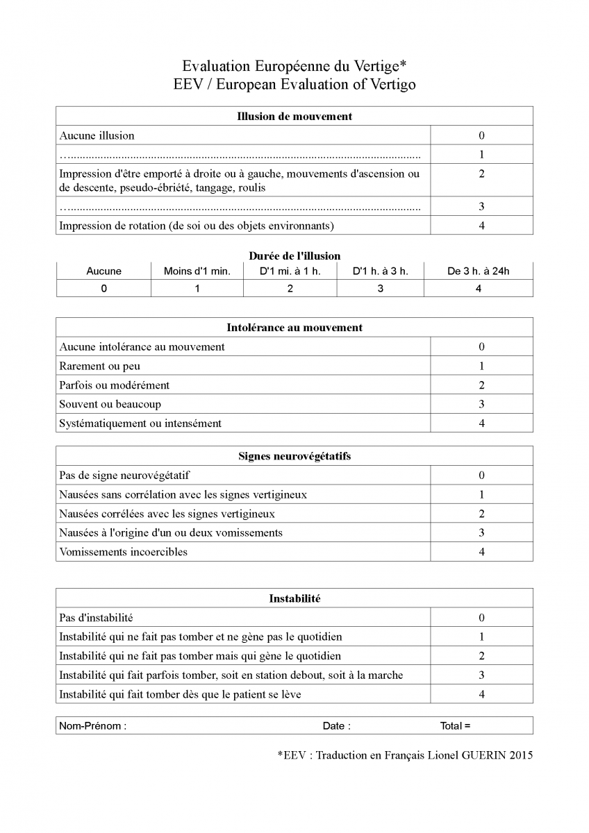 En cadeau cliquez ici pour imprimer l'EEV Echelle Européenne du vertige EEV
